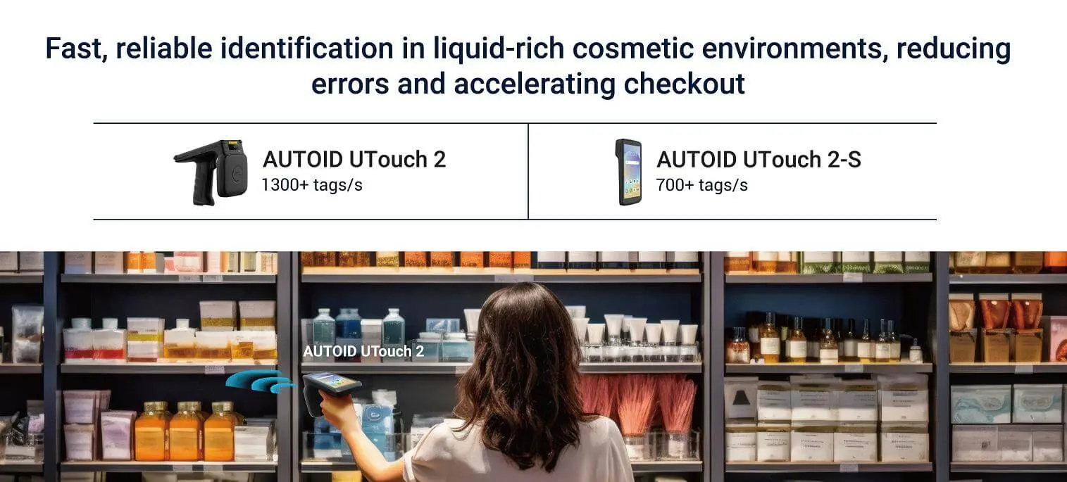 An application image showing the AUTOID UTouch 2 series RFID handheld readers being used for rapid inventory counting in a cosmetics store