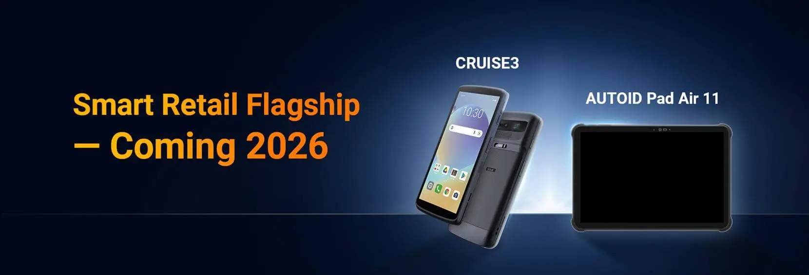 SEUIC's promotional poster for its 2026 Smart Retail Flagship products, showcasing the upcoming CRUISE3 & AUTOID Pad Air 11