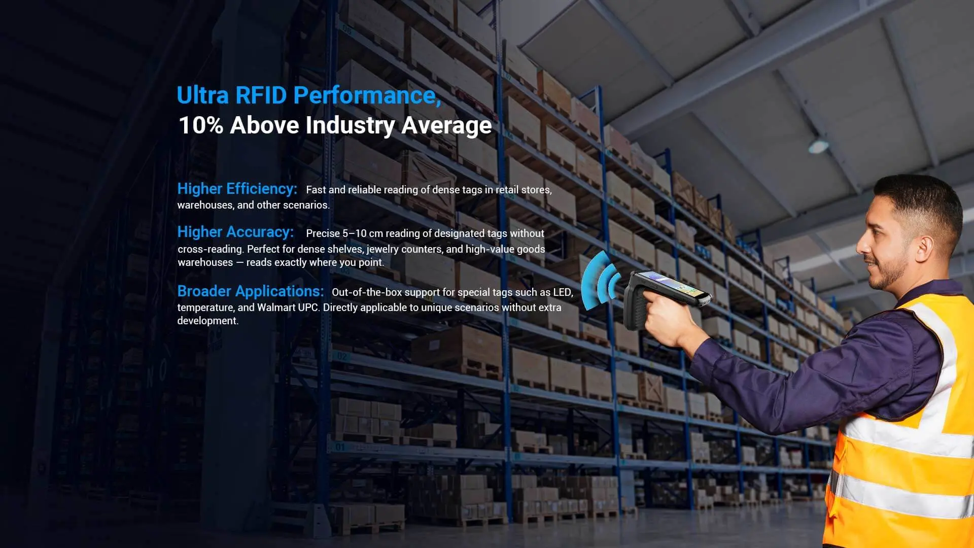 A warehouse worker uses a handheld RFID scanner, offering 10% higher efficiency than industry standard, high precision, and support for various special tags